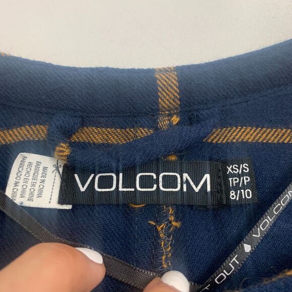 Volcom Poncho Womens XS/S Navy Plaid Cotton Button Front Tassel Fringe Trimmed - Picture 8 of 11